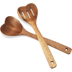 2 count Wooden Heart Spoon Set for Cooking Acacia Heart Shaped Wooden Spoonlong Handle Christmas Kitchen Utensils Gifts for Wife Grandma Moms Hostesses Cooks Housewarming Wedding Decoration