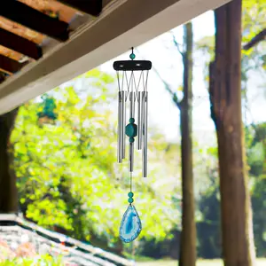 20" Long Wooden Top Geode Wind Chime with Blue Gem