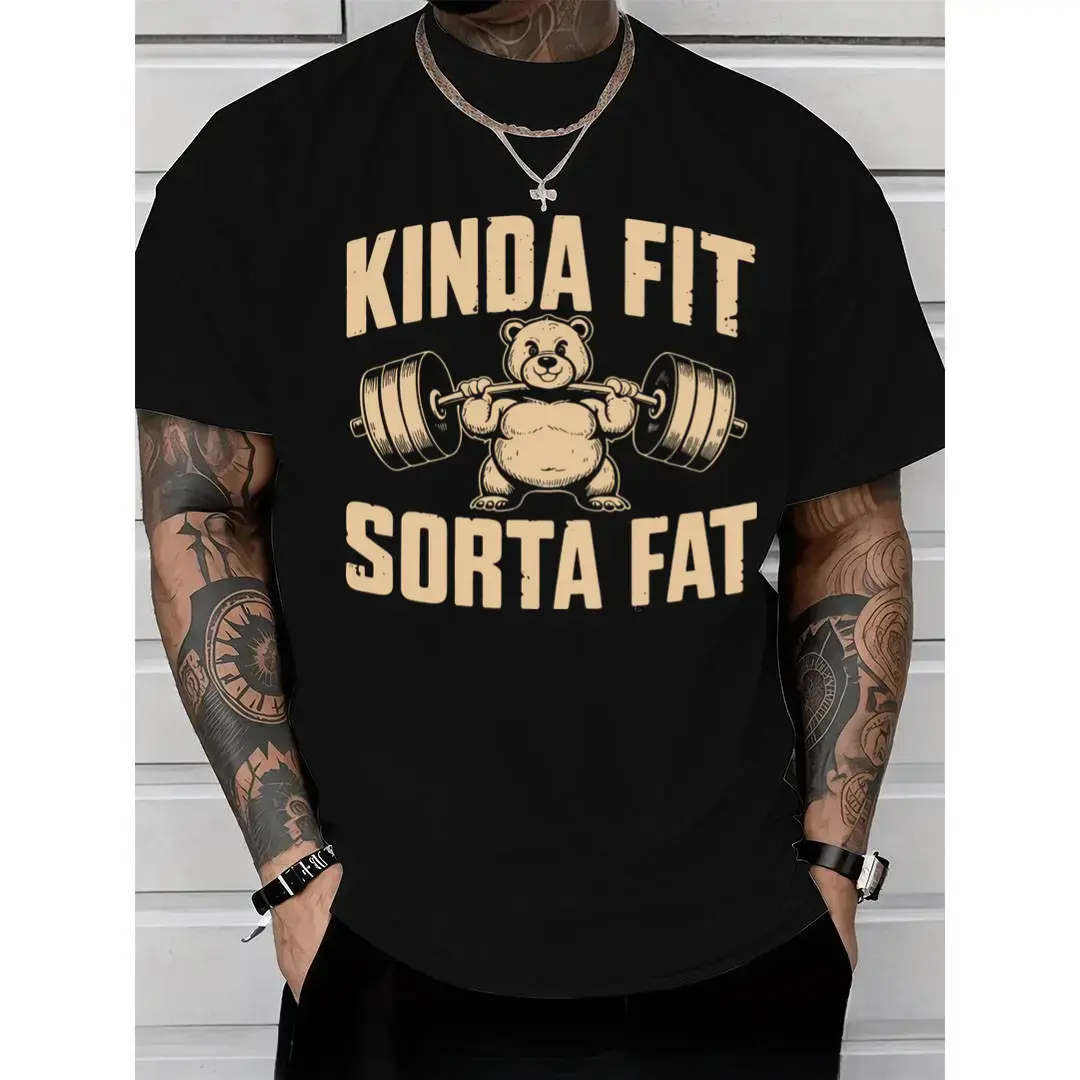 Unisex Weightlifting Bear Graphic T-Shirt - Oversized Heavyweight 100% Cotton Menswear, Casual Round Neck Short-Sleeve Streetwear for Gym, Shortsleeve, Tops