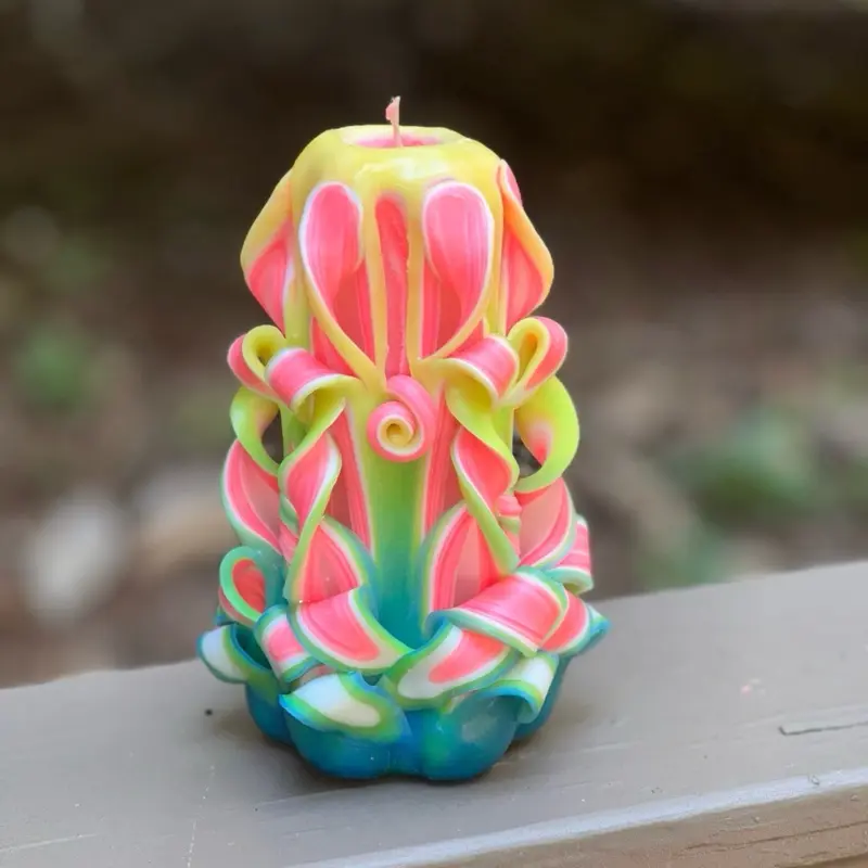 Carved Candle Home Decor; Yellow, Pink, Blue