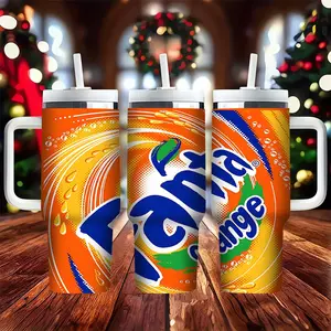 1pc Fanta Orange-flavored soda pattern, large capacity 40oz stainless steel insulated cup, with straw, lid and handle-suitable for travel cups for hot and cold beverages, an ideal gift for family members, couples-portable vacuum cup, outdoor activities