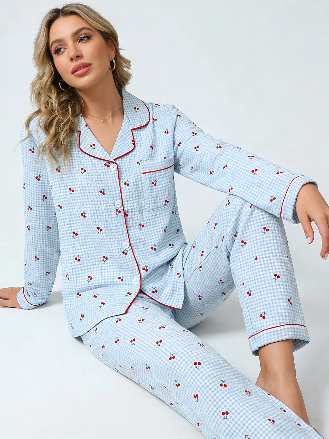 Girly Sweet Light Blue Gingham Cherry Pajama Set for Women, Button Down Long Sleeve Long Pants, All Season Wearable Casual Loungewear, Cherry Print, Gentle Sweet Homewear, Nightwear, Sleepwear Pajamas Set, Loungewear Pjs