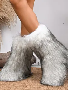 Cute Winter Women's Boots, Elegant Boots, Warm Mid-Calf Fur Shoes, Unique Style, Perfect for Fall & Winter, Fashionable Fleece-Backed Rubber Sole, Slouchy Boots