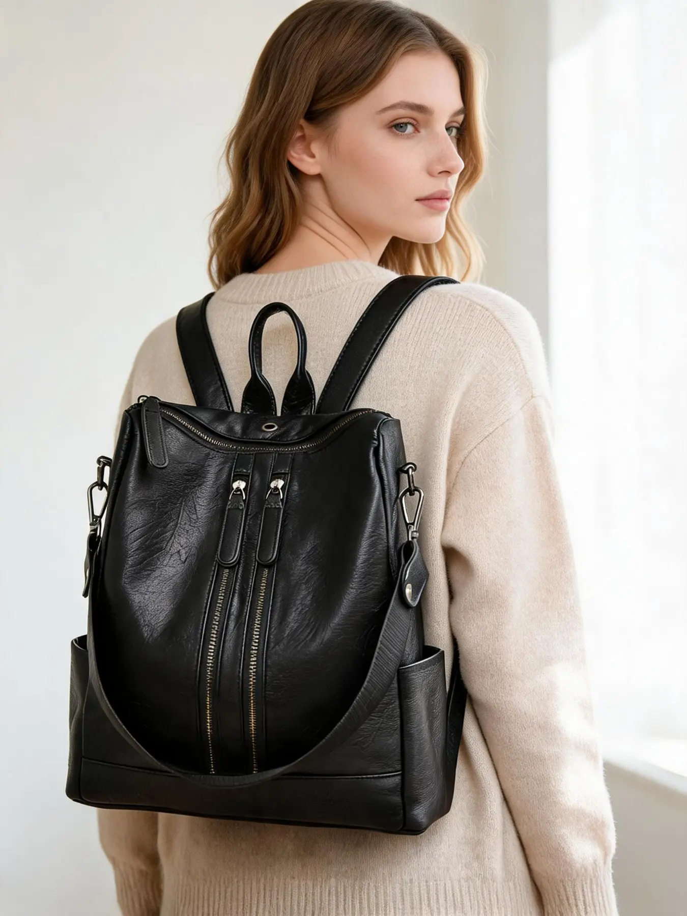 Women’s Soft Leather Anti Theft Backpack | Large Capacity Double Zipper Convertible Backpack Purse | Shoulder Bag Crossbody for Daily Commute Dating Travel
