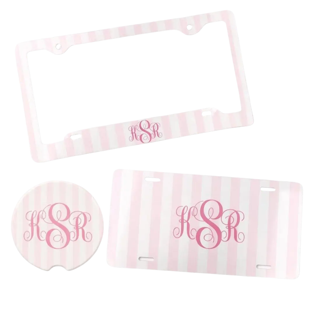 Personalized Striped License Plate Frame and Car Coaster Set, Custom Monogram Car Decor, Matching Air Freshener Design, New Driver Gift for Her
