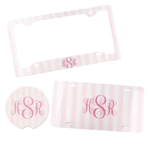 Personalized Striped License Plate Frame and Car Coaster Set, Custom Monogram Car Decor, Matching Air Freshener Design, New Driver Gift for Her
