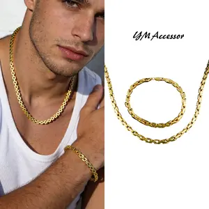 YM 18K Gold Plated Cuban Necklace & Bracelet Set for Men & Women Tarnish Free Waterproof Hypoallergenic Matching Jewelry Rich Luxurious Shine Lobster Clasp Solidly Constructed Sturdy Construction