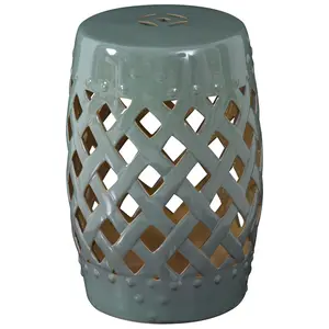 13" x 18" Ceramic Garden Stool with Woven Lattice Design & Glazed Strong Materials. Versatile Indoor/Outdoor Stool. 300 lbs Capacity. Green