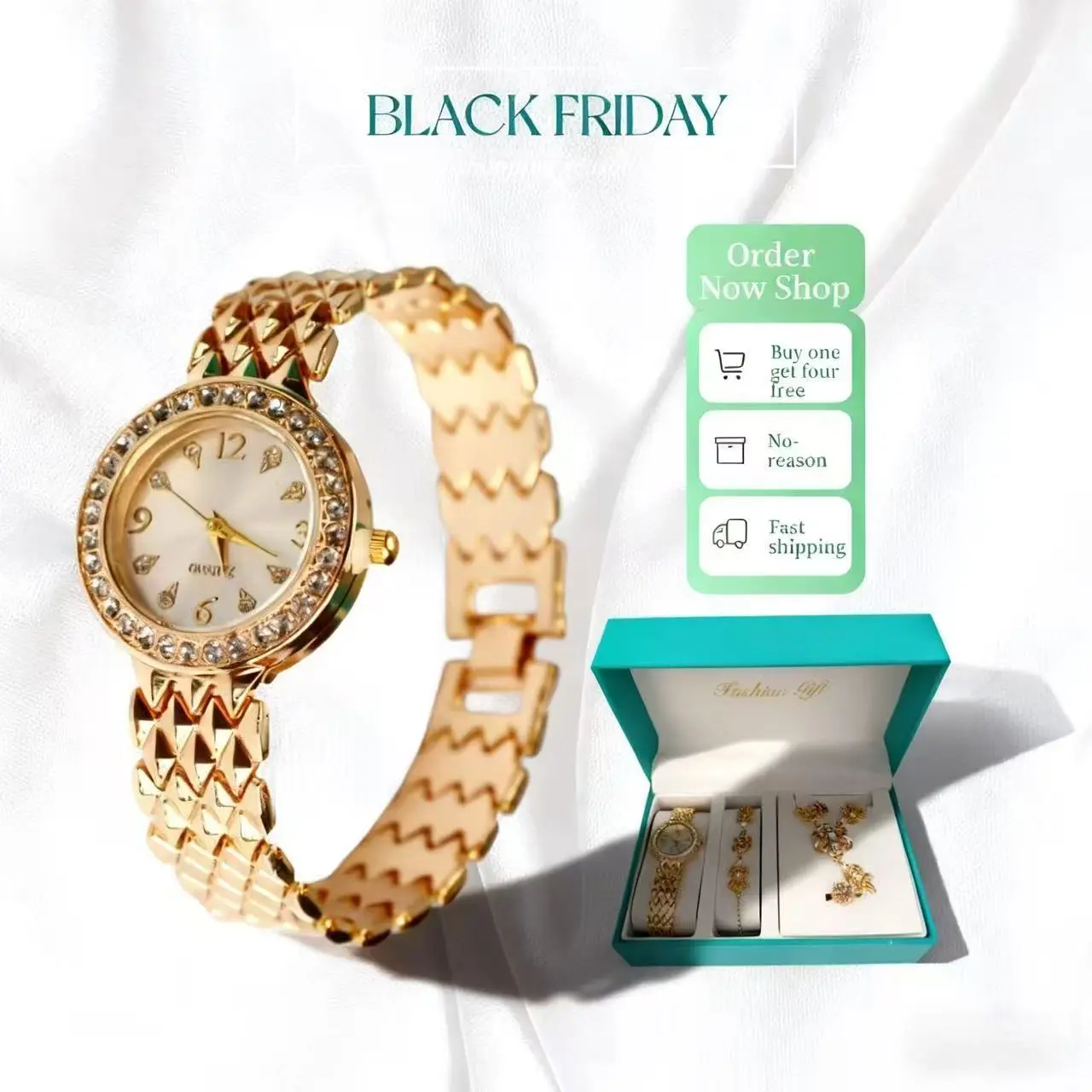 (Haute Couture)Women's Watch Four-Piece Set with Diamonds, Fashionable Roman Quartz Watch