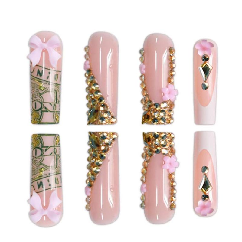 24pcs Long Bow Glitter FlowerNail Stickers With Press-On Nails, Cute Jelly Gel And Nail File Included For AllWomen