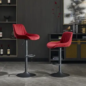Set of 2 Adjustable Bar Stools - Velvet with Chrome Base & Footrest, Swivel Height-Adjustable (Red)