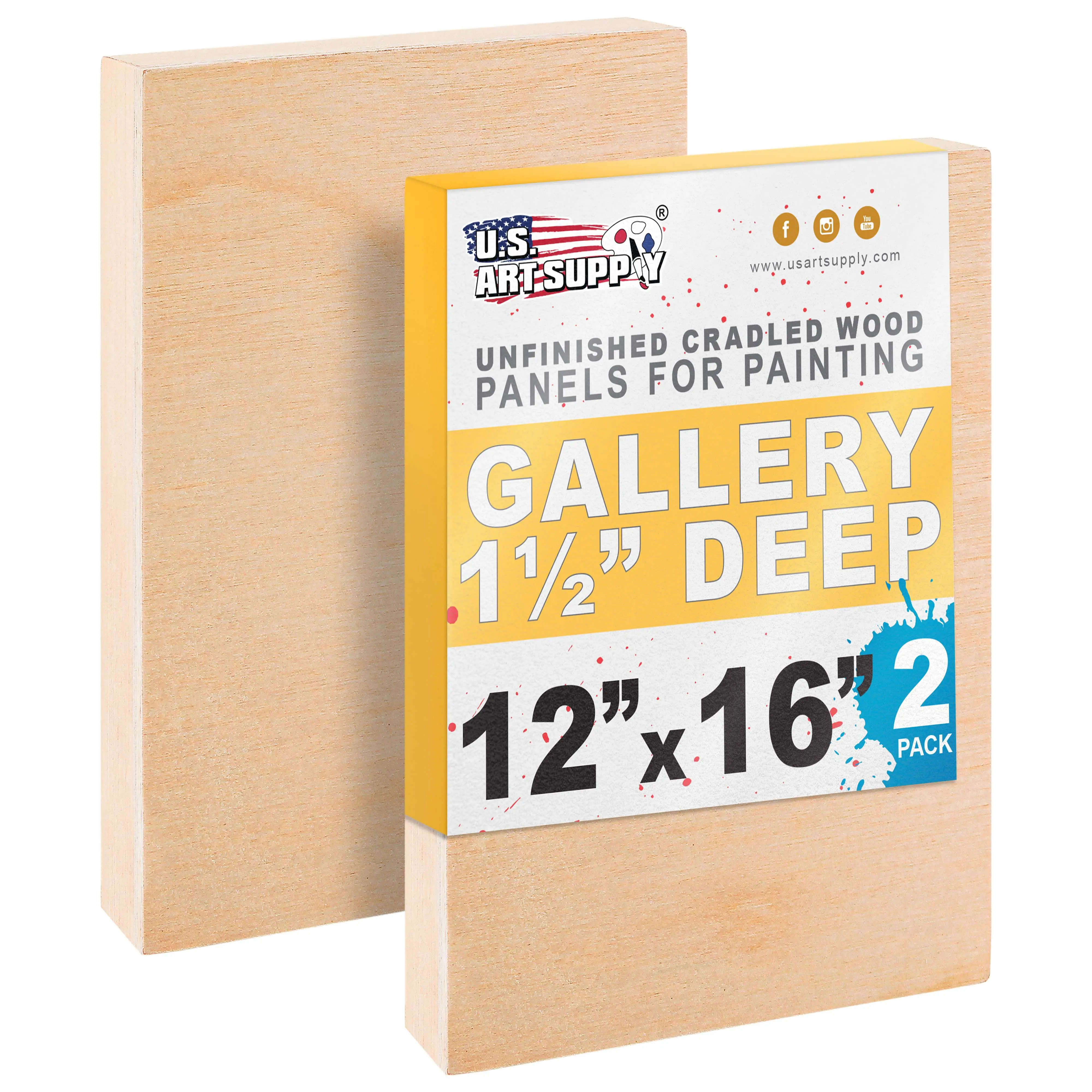 Unfinished Cradled Wood Panels for Painting, 2 Pack of 12x16 inch - Gallery Birch Wooden Canvas Boards 1-1/2" Deep - Mixed-Media Craft, Acrylic, Oil, Encaustic, Paint Pouring