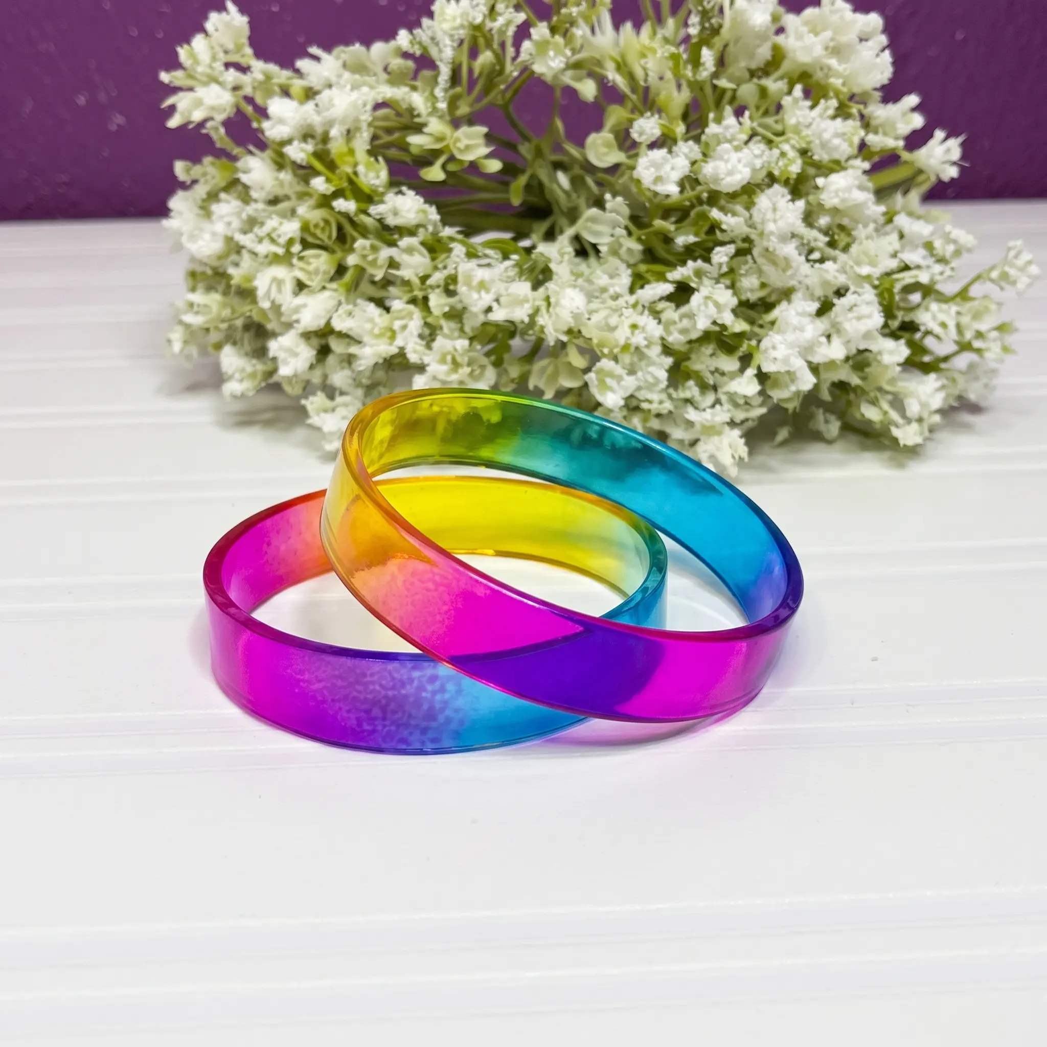 Ornatie Rainbow Gradient Acrylic Bangle Bracelet Set of 2 for Women Girls, Wide Translucent Multicolor Resin Bangles, Colorful Statement Jewelry, Pastel or Vibrant Options, Gift Box, Multiple Sizes