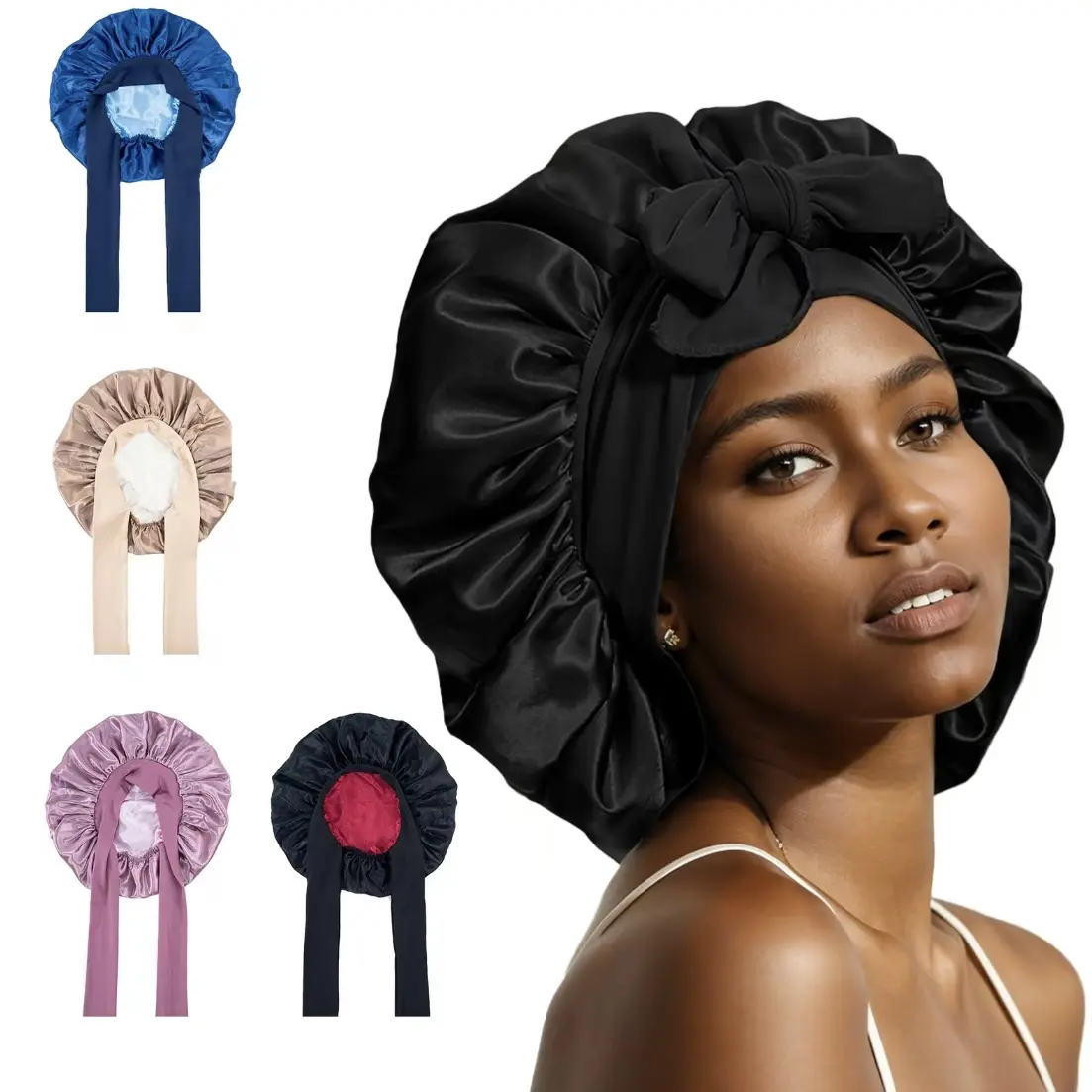Women's Silk-Like Satin Hair Bonnet for Sleeping - Double Layer Haircare Accessory with Elastic Tie Band for Natural Curly Hair (Pink, Black, Blue, Brown) Bonnet Silk
