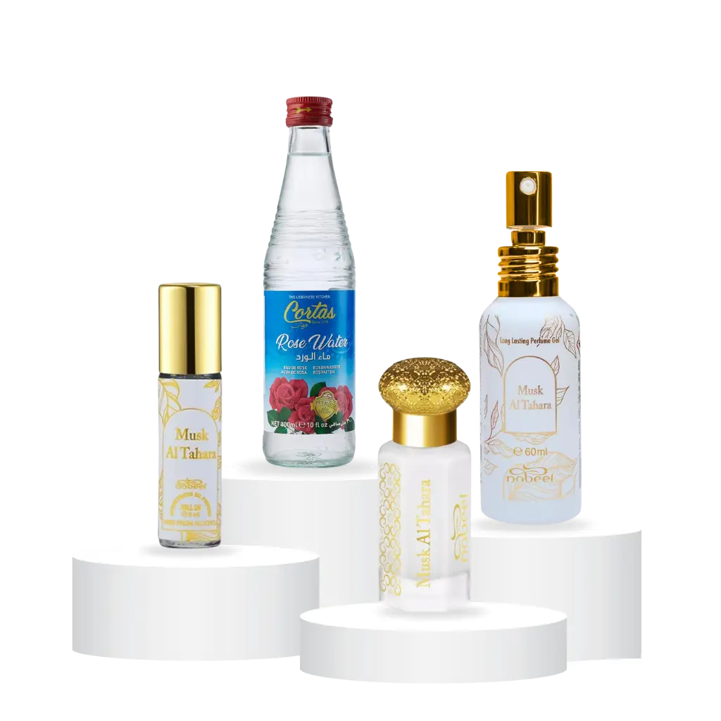 Nabeel Unisex Fragrance Set Pack, MAT Collection (Gel + Roll-On Oil) + Moroccan Beauty Set + Rose Water, Pure Oil, White Musk-Violet-Vanilla, Multi-Size 12 ML-60 ML, Concentrated
