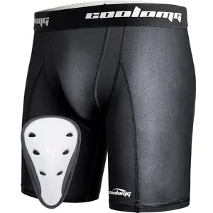 COOLOMG Youth Boys Baseball Compression Shorts with Protective Cup Sliding Underwear for Baseball  Stretch Fabric Protection