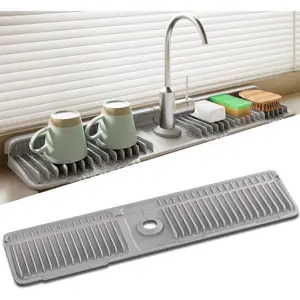 Faucet Mat for Kitchen Sink 24 Inch Longer Silicone Sink Splash Guard 7° Slope Fast Self-draining Drying Tidy Mat with Snap Button Lock Adjustable Hole Design(Gray)