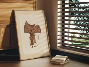 Vintage horse saddle Printable poster art, Western Print, warm neutral Country Rodeo Poster, Modern coastal cowboy wall art