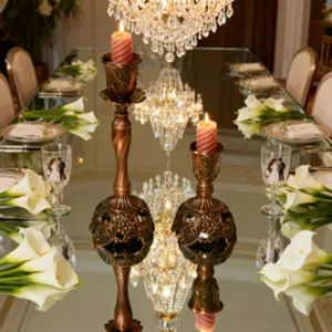 2Pcs Vintage Bronze Candlestick Set | 7.4in+3.5in Embossed Candle Holders for Home & Wedding Decor