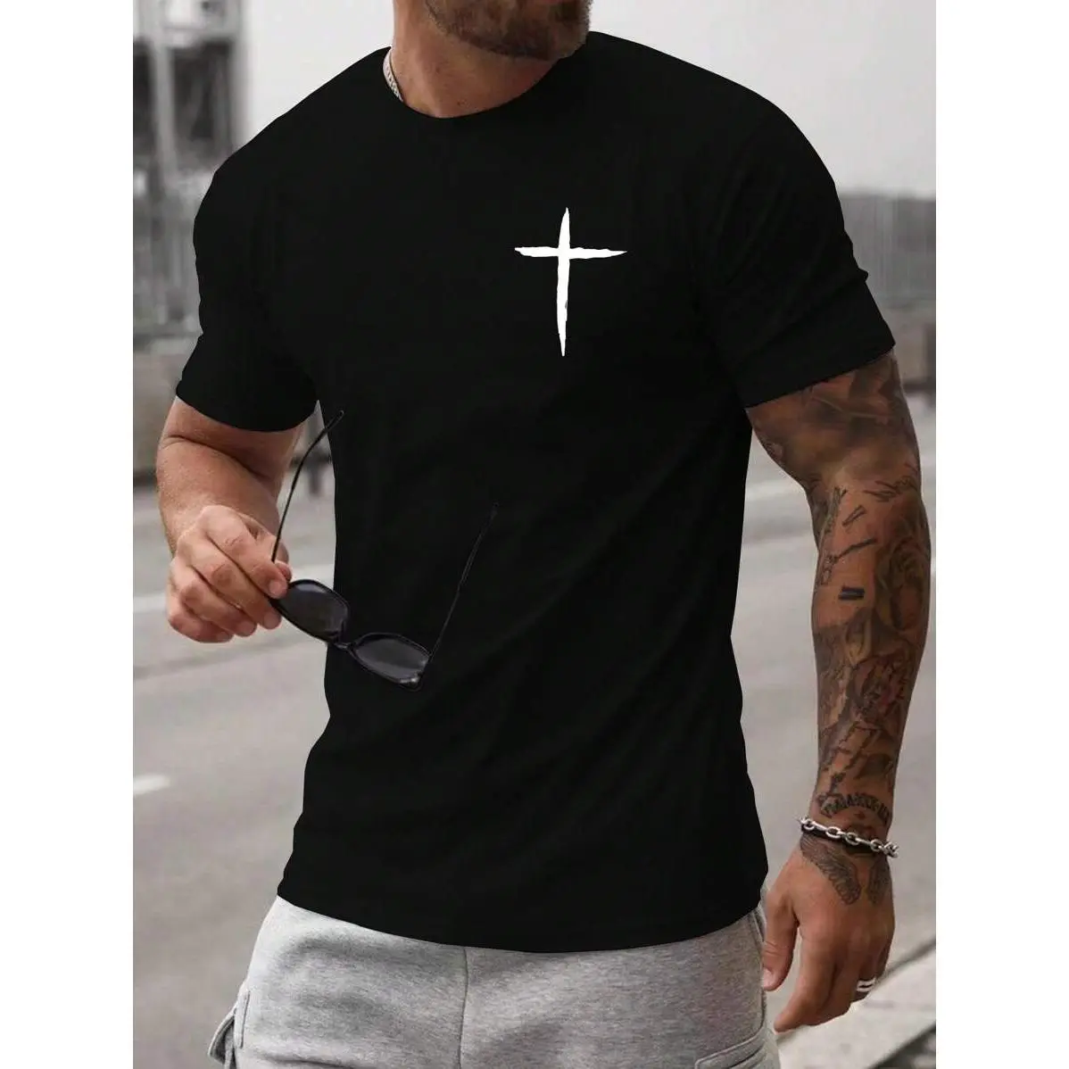 Manfinity Homme Men's Cross Printed Slim Fit T-Shirt, Cross T-Shirt, Jesus T-Shirt