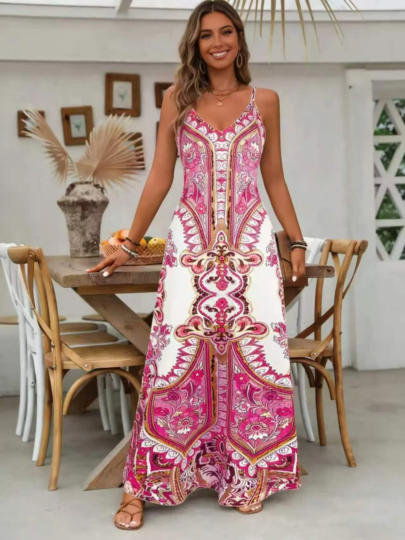Vintage Floral Print Thin Strap Long Dress, Women's Boho Chic Style Sleeveless Summer Maxi Dress, Casual Boho Sundress, Boho Style Dresses, Elegant and Comfortable Fashion, Boho Lounge Dress