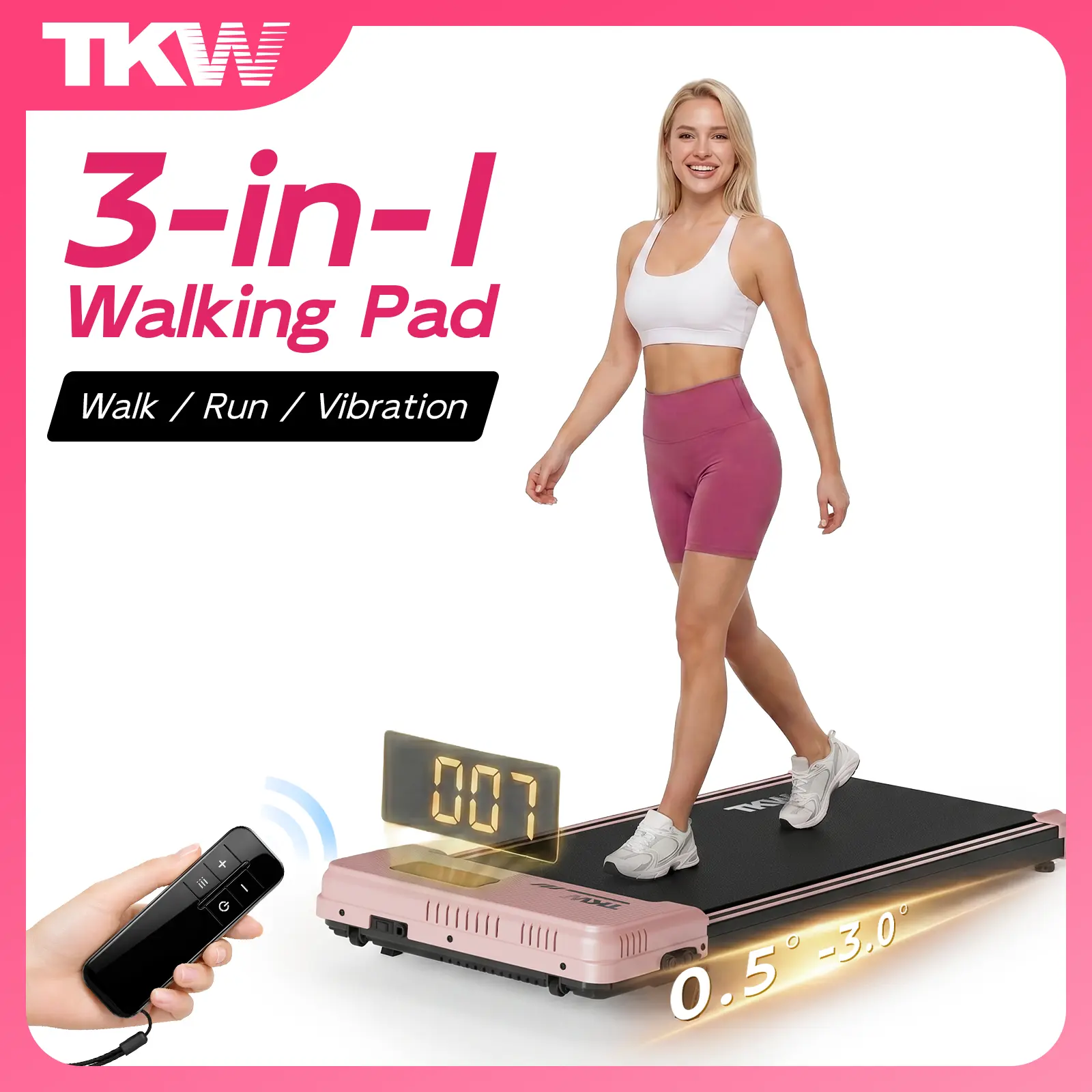TKW 3-in-1 Walking Vibration pad,Pink Walkingpad,Lightweight UnderDeskWalking pad Treadmill,  Capacity,Low-Noise Motor Walking Pad, Remote Control & Wheels for Easy mobility, LED Display