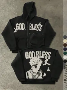 Men's Zipper Hoodie Sweatshirts, Vintage American Classic Style, 'god Bless' Slogan & Praying Hands Print, Streetwear for Spring Autumn Winter
