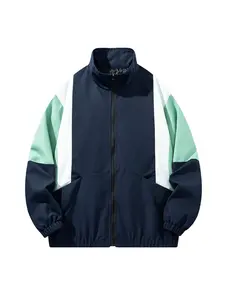 Boys' Long Sleeve Stand Collar Jacket, Casual Comfy Jacket, Colorblock Zip Pocket Design, Casual Loose Fit, Spring & Fall Wear