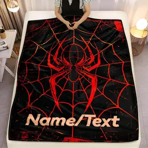 Custom Spider Theme Men Women Web Flannel Blanket, Personalized Name Red Black Spider Print Ultra Soft Warm Cozy Throw, Unique Superhero Style Blanket for Sofa Bedroom, Perfect Custom Gift for Kids Teens Spider Fans