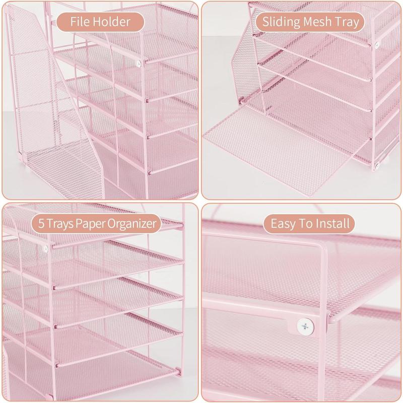 Office Desk Organizer, 5-Tier Paper Letter Tray with File Holder Multifunction Office Supplies and Accessories for Office School Home (Pink)