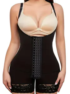 1 Count Women's Solid Color High Elastic Fabric Lace Trim Adjustable Strap Bodysuit, Fajas, Colombian Shapewear, Fou Row Hook Adjustable Closure Open Bust Shaper, Butt Enhancing Abdomen Jumsuit, Ideal for Training & Yoga & Gym