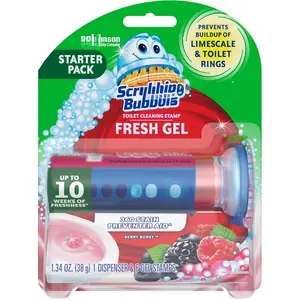 Fresh Gel Toilet Bowl Cleaning Stamps, Helps Keep Toilet Clean and Helps Prevent Limescale & Rings, Berry Burst Scent, 1 Dispenser with 6 Fresh Gel Stamps