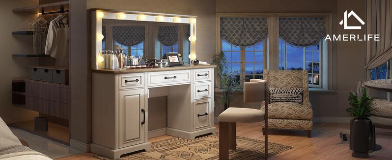 AMERLIFE 55.1" W Makeup Vanity with Hollywood Mirror, Glass Top Vanity with 5 Drawers & Adjustable Cabinet & Charging Station, 10 Detachable Light Bulbs, Bedroom/Salons/Best Gift Ideas/Christmas Gifts