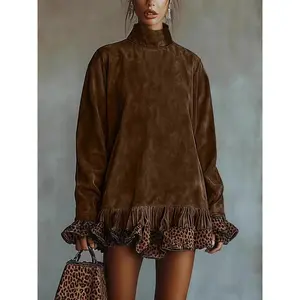 Women’s leopard print patch dress, featuring a high neckline and long sleeves—casual and fashionable, comfortable for autumn and winter. GARMENTARY