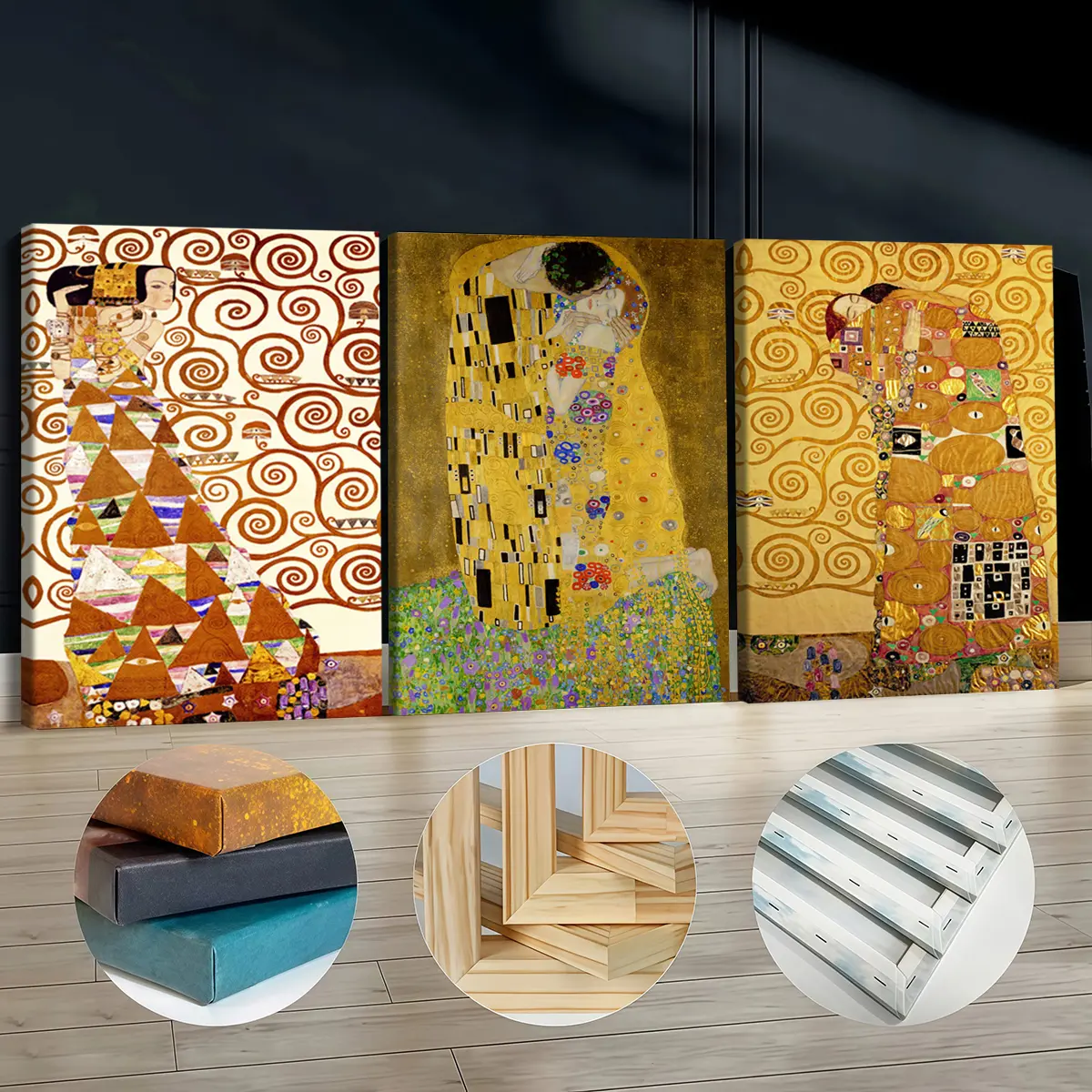 3Pcs Elegant Wooden Framed Canvas Paintings - Klimt's The Kiss & Tree Of Life, 30*40cm(11.8*15.7inch) Odorless Contemporary Wall Decor, Decor Inspo Home Supplies, Creates Welcoming Atmosphere for Living Room/Workspace