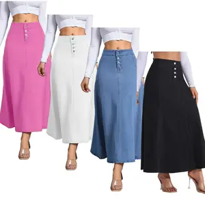 Women's casual elastic mid waist long denim skirt with button down slim fit mid waist elastic fabric, suitable for all day wearRAIMENTRY