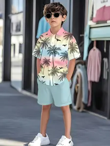 Summer Beach Set, Boy's Short Sleeve Shirt and Shorts Two-Piece Set, Tropical Print Casual Family