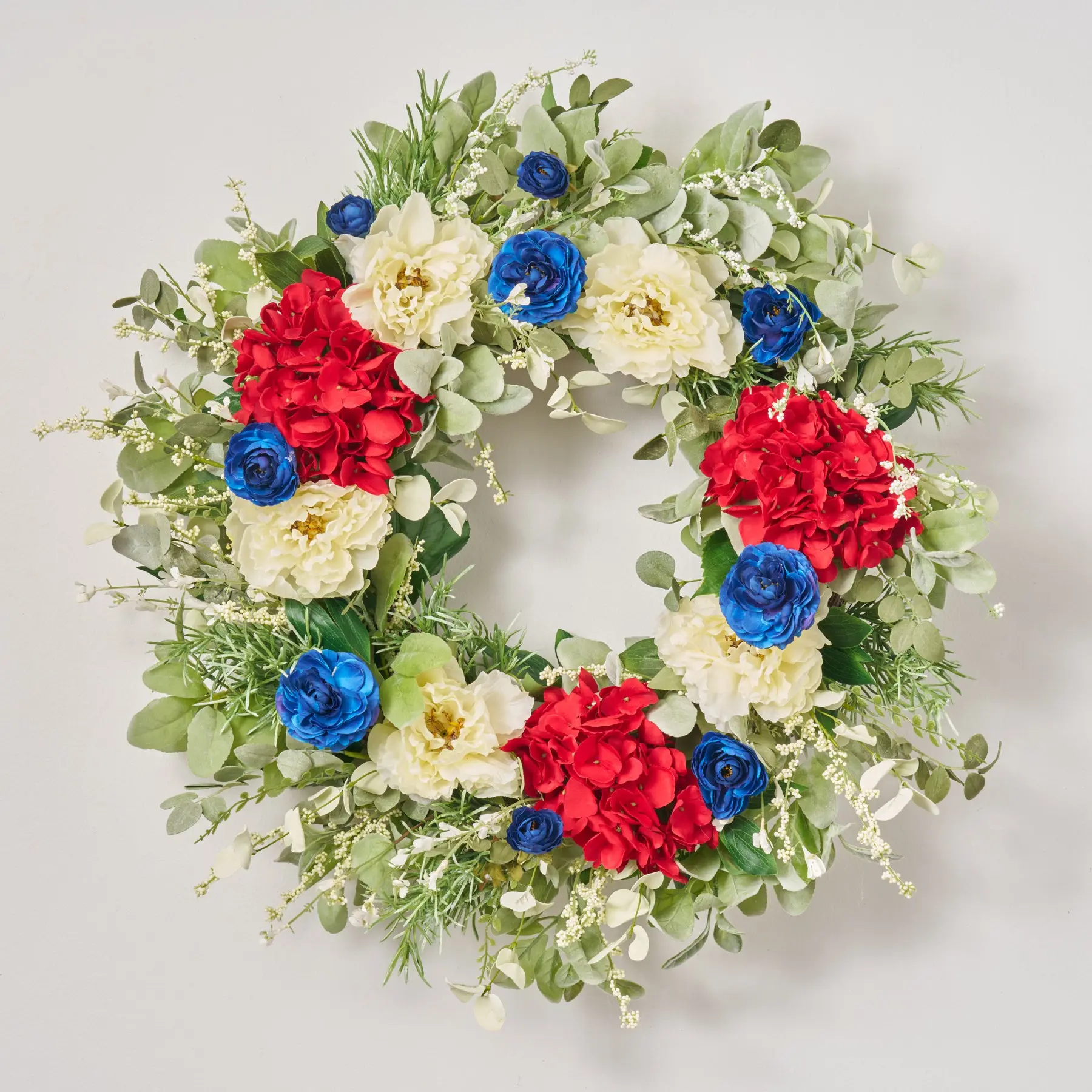 Handcrafted Fade-Resistant Decorative Floral Vintage Glory Front Door Wreath - 26" Diameter x 6" Deep, Patriotic Red Hydrangea, Cream Peony, Blue Ranunculus, Sage Green Lambs Ear, Ruscus, Rosemary for 4th of July, Americana Entryway Decor