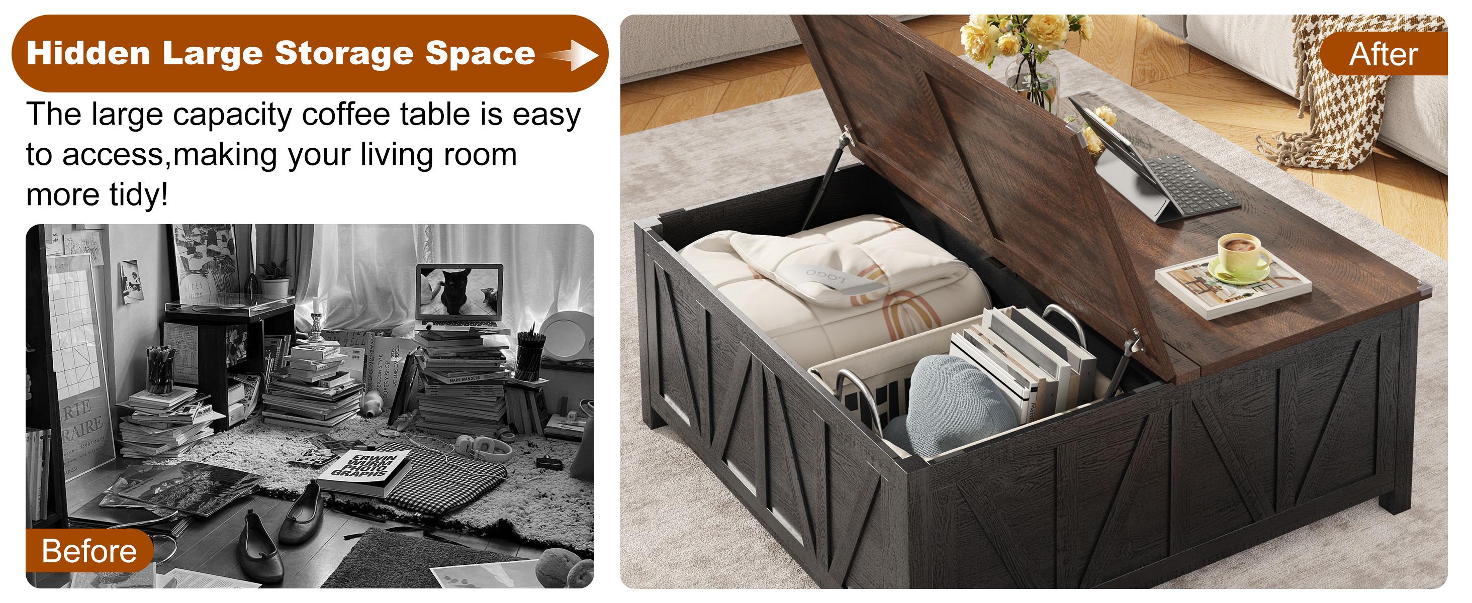 Lift Top Coffee Table 43.3" Farmhouse with Hidden Storage Compartment & Adjustable Shelves, Square Multi-Functional Coffee Table for Living Room