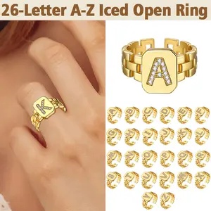 FindChic 26 Letters A-Z Open Rings Golden Cubic Zirconia Bold Initial Adjustable Ring Gift Box Unisex For Women Men Girlfriend Boyfriend