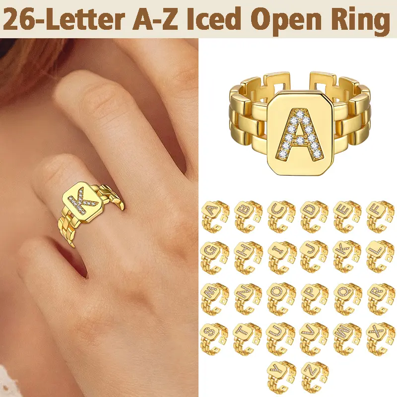 FindChic Alphabet Letter Statement Ring - 26 A-Z Open Bold Initial, Gold Artificial Gemstone Cubic Zirconia, Adjustable Trendy Unisex Ring with Gift Box, Adjustable Trendy Rings