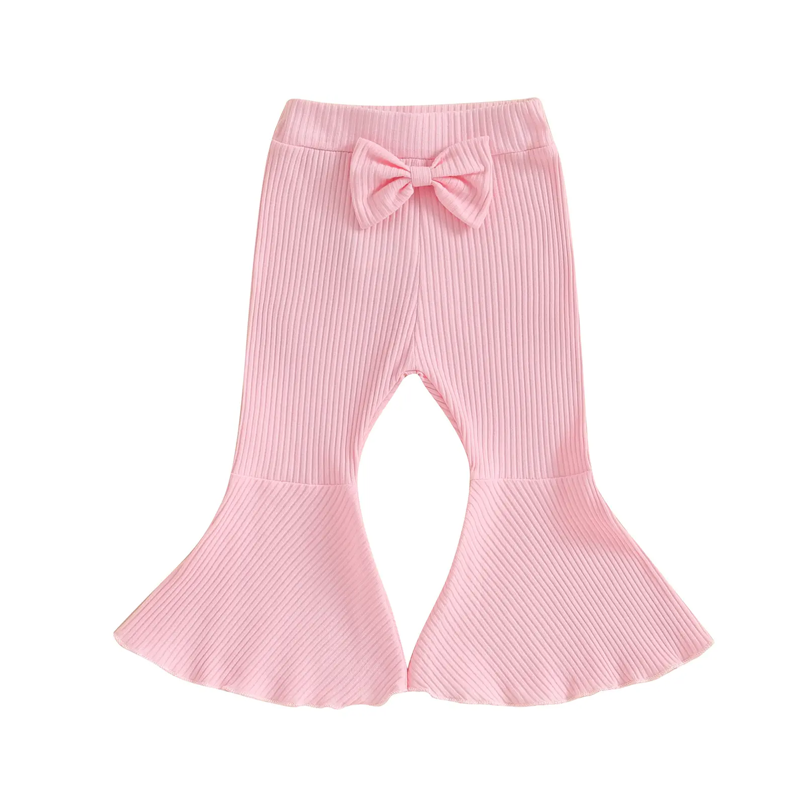 Kids Girl Flare Pants Solid Color Ribbed Elastic Bell Bottoms Trousers Bow Ruffle Pants for Toddler Baby