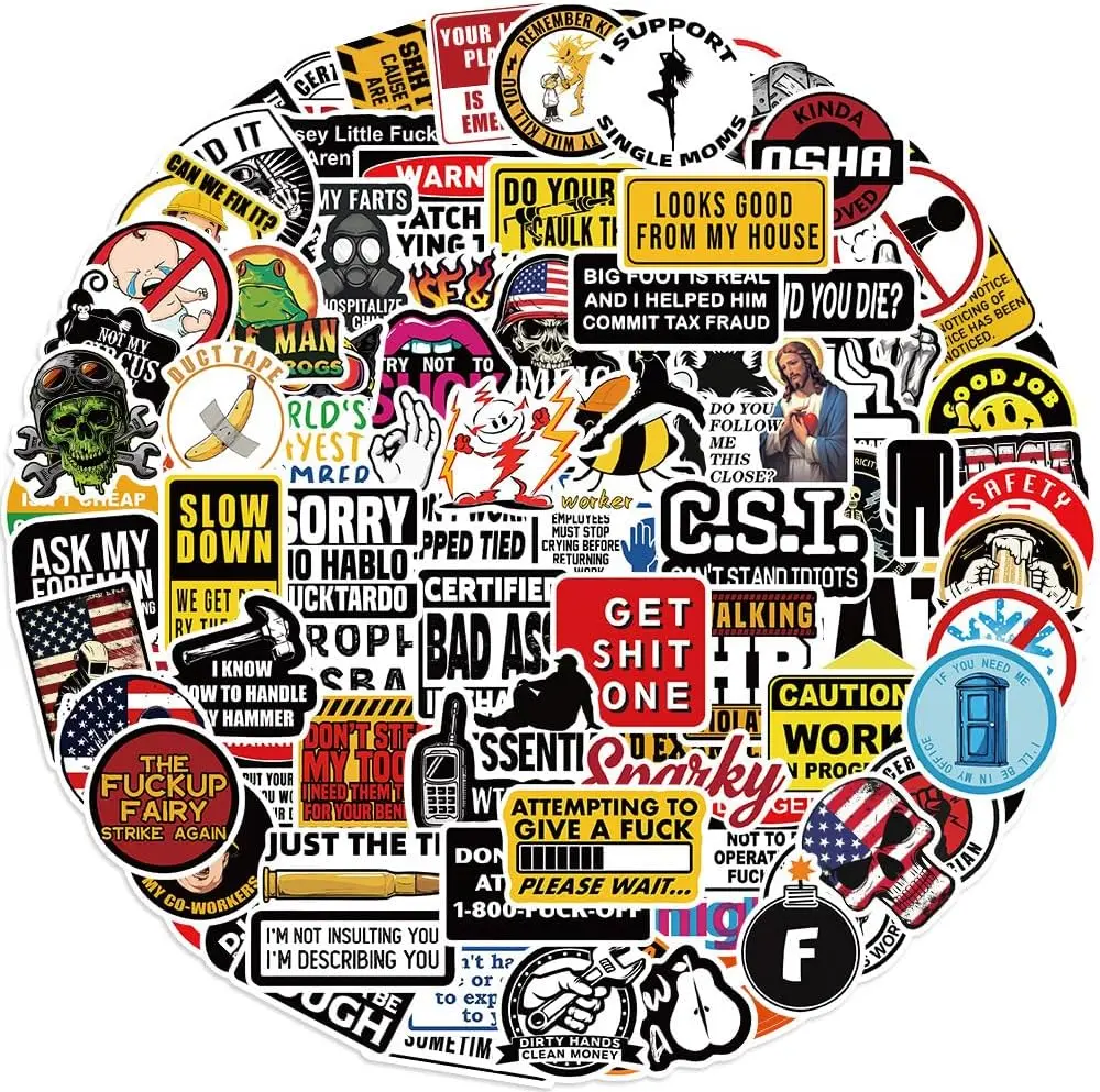 100pcs Adult Humor Hard Hat Stickers - Glossy, Waterproof Vinyl Decals for Mechanics, Military - Physical Damage Protection for Tool Boxes, Helmets, Construction