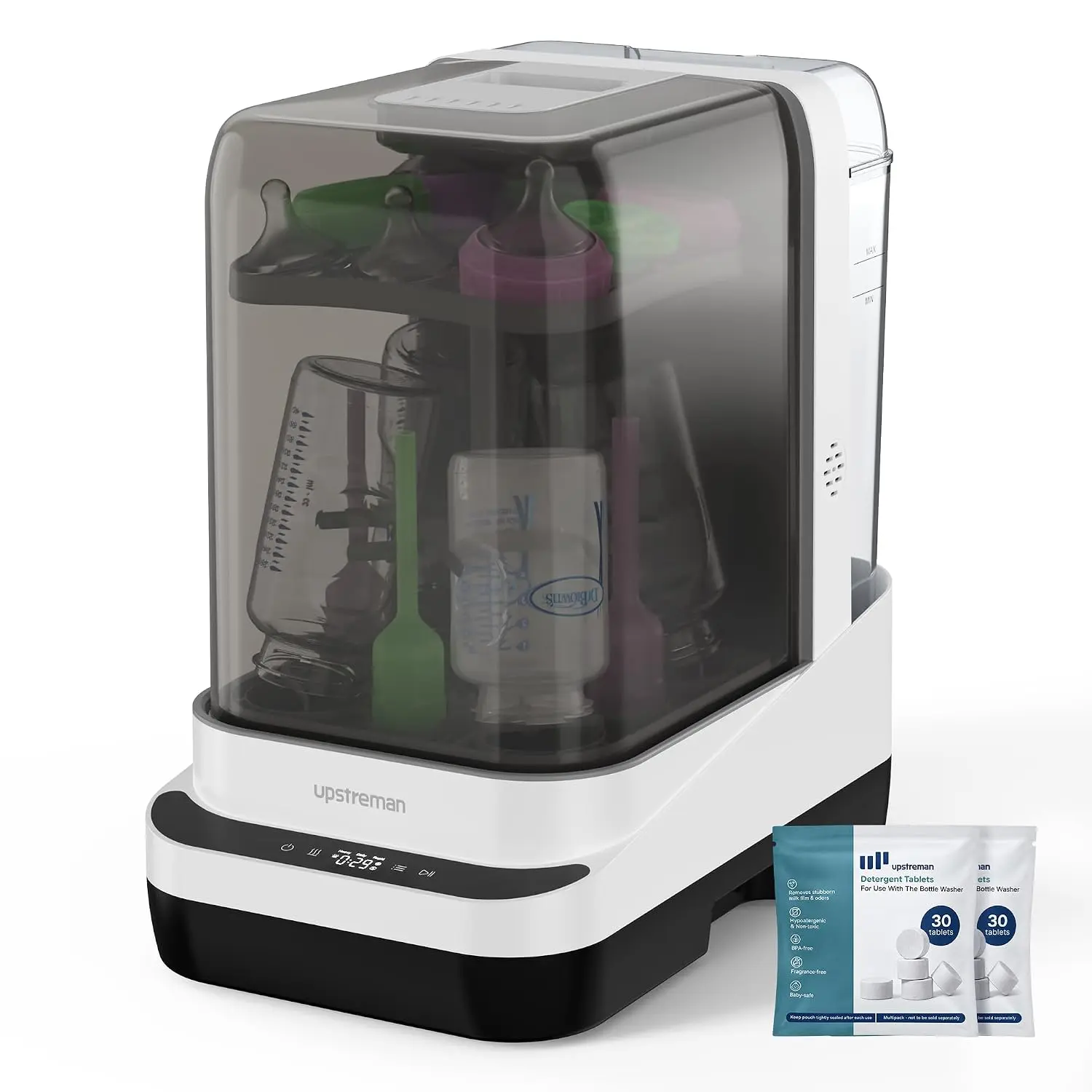 Upstreman BW4 Baby Bottle Washer, Sterilizer & Dryer - 49-Min Deep Clean, All-in-One Bottle Washer with Removable Cover, Custom Cycles, HEPA Filter, Cleans Bottles + Pump Parts & Feeding Essentials