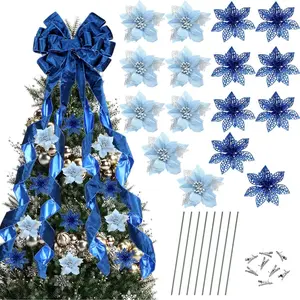 48" x 13" Big Christmas Tree Topper Large Velvet Bow with Long Streamers Christmas Tree Ornaments with 8 Pcs 5.5 Inch Artificial Poinsettia Flowers Decorations for Xmas Decor(Royal Blue)