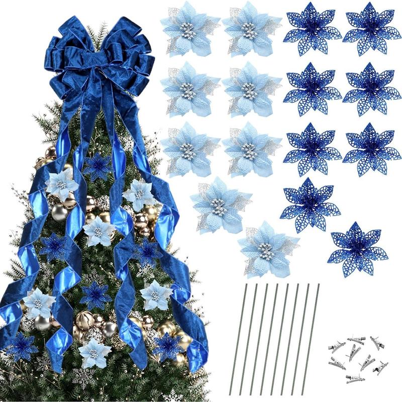 48" x 13" Big Christmas Tree Topper Large Velvet Bow with Long Streamers Christmas Tree Ornaments with 8 Pcs 5.5 Inch Artificial Poinsettia Flowers Decorations for Xmas Decor(Royal Blue)