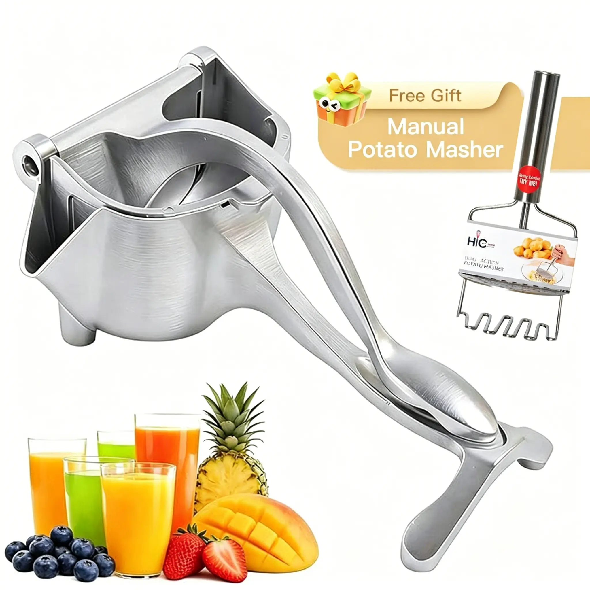 Stainless Steel Potato Masher - Multi-Functional Kitchen Tool for Fruits & Veggies (Lemons, Oranges, Grapefruits, Dates, Apples, Cucumbers, Watermelons) - Home & Camping Essential, Ideal Holiday Gift with Free Gift