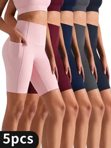 5pcs high-waist pocket yoga shorts, comfortable and breathable, suitable for sports fitness, sports slim style Seamless Yoga Running Shorts for Women -  Active Lifestyle, Moisture-Wicking Comfort  Exercise shorts women Workout Womenswear