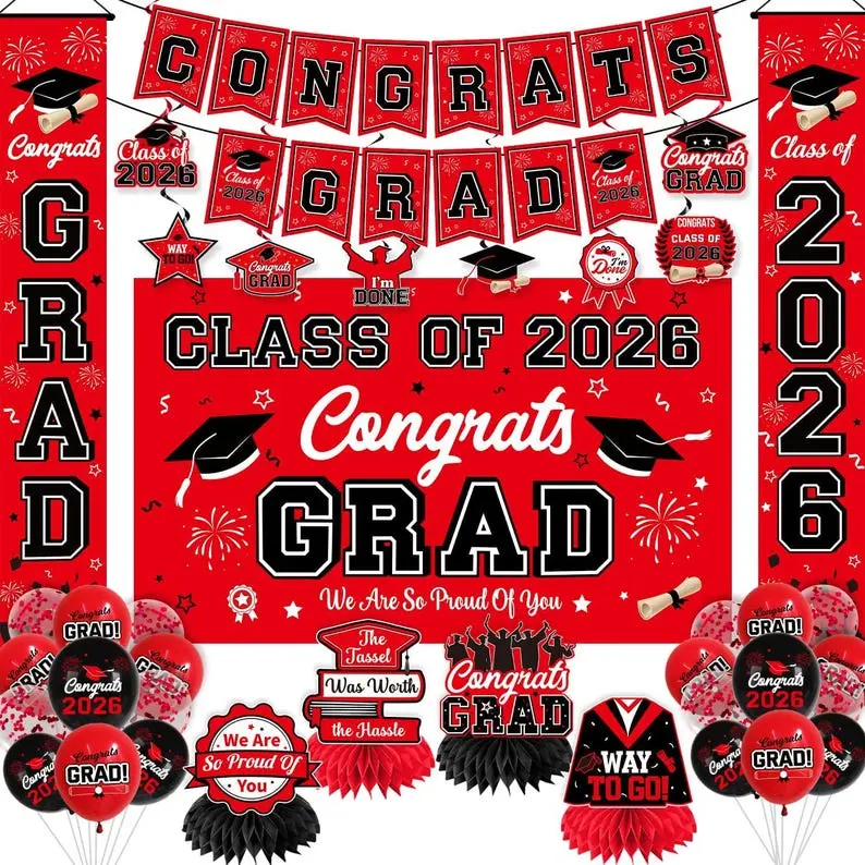 Graduation Decorations 2026 Red and Black Party Set, Congrats Grad Banner, Class of 2026 Backdrop, Balloons & Graduation Party Supplies