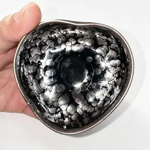Artisan Heart-Shaped Silver Oil Spot Jian Zhan Tea Bowl | Unique Tenmoku Gongfu Teacup | Handcrafted Collector’s Tea Bowl